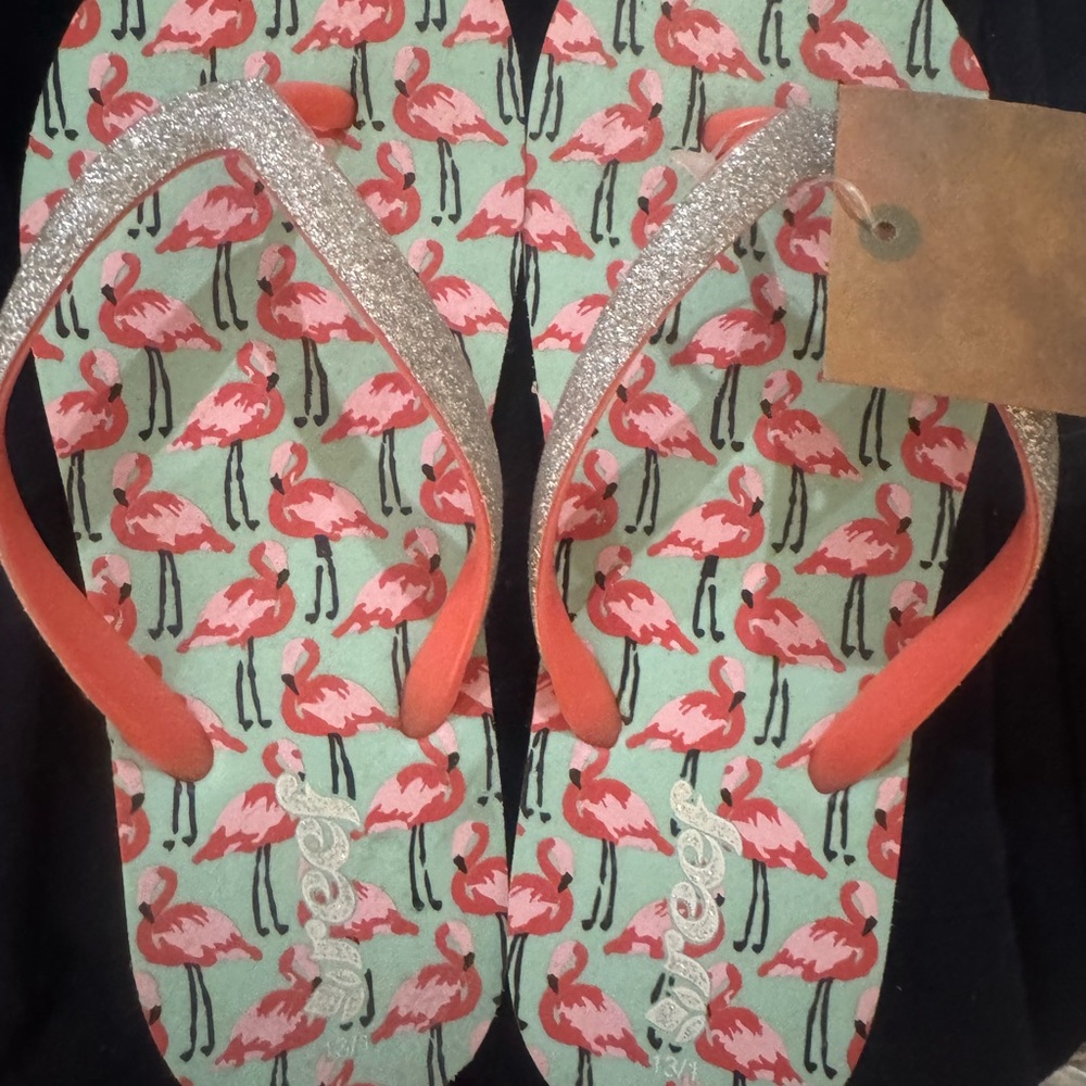 NWT Reef Kids Coral Flamingo Flip Flops with Silver Glitter Straps